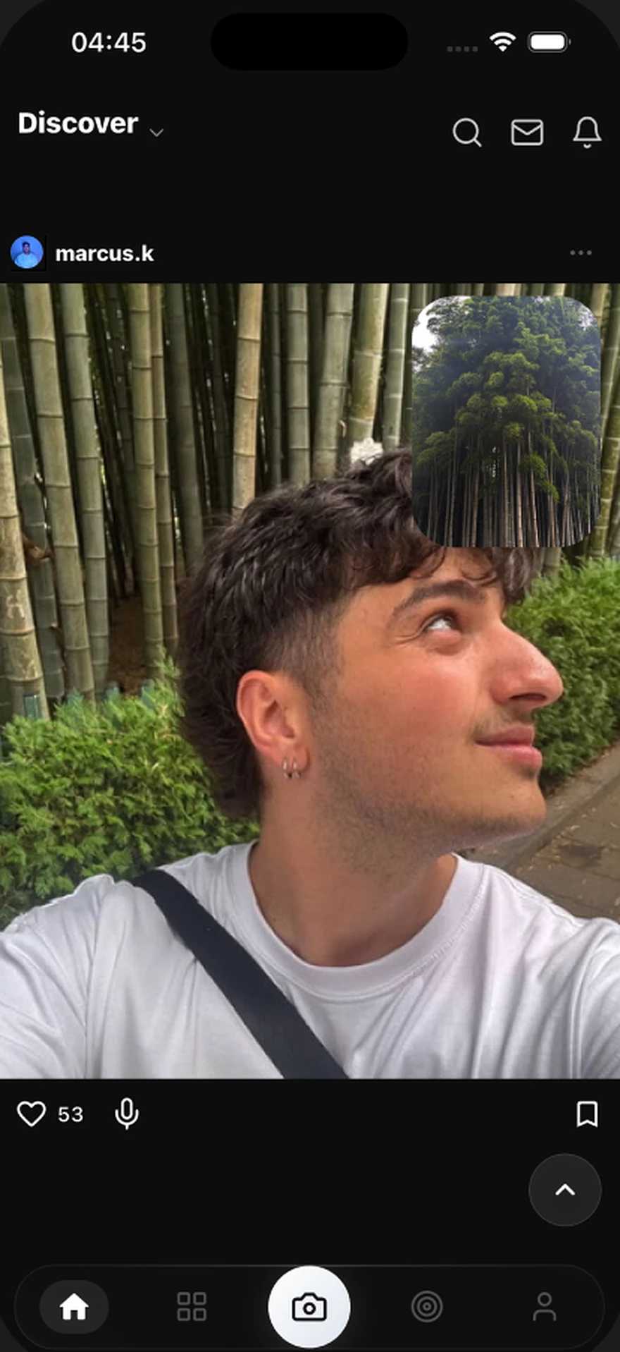 Rawly discover feed showing a real, unfiltered photo with dual-camera proof