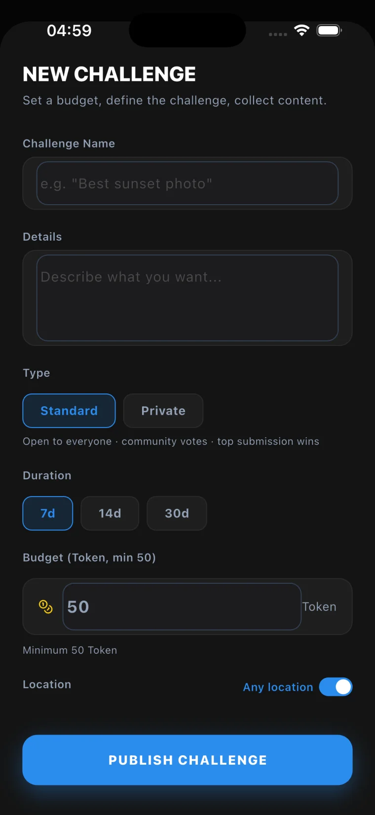 Create a challenge screen with a brief and a Token-funded budget